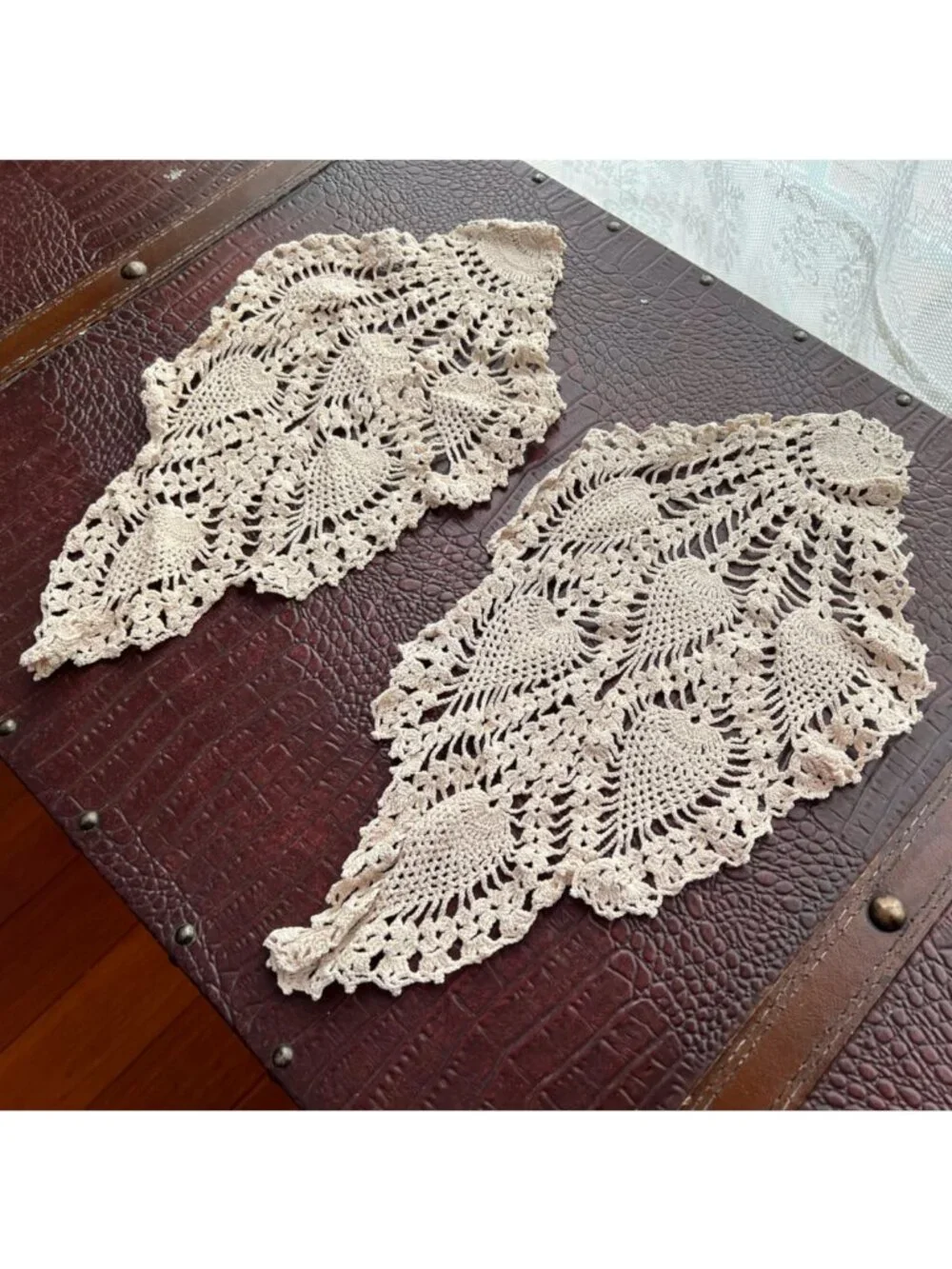 Two Vintage Off White Pineapple/Peacock Feather Fan Teardrop Shape Crochet Doily